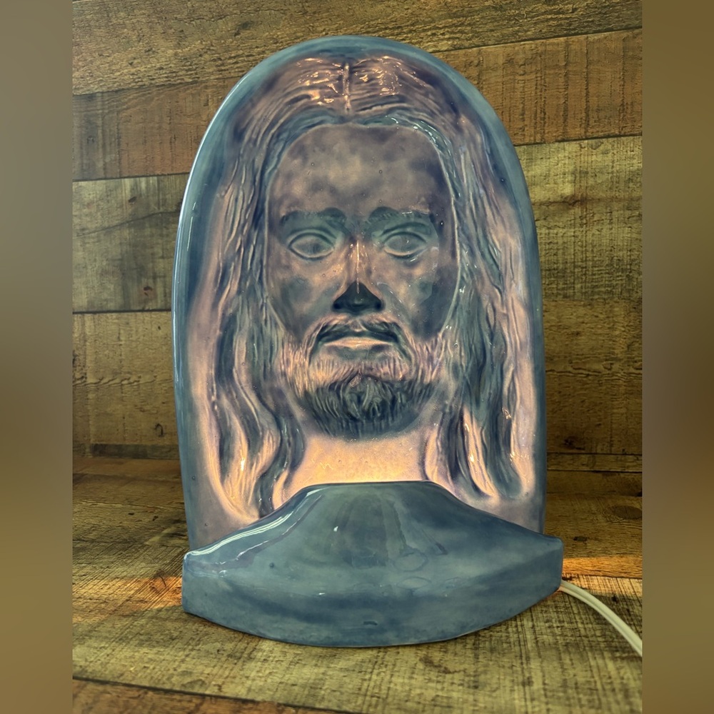 WORKING Vintage RARE BLUE 3D Jesus Ceramic 1995 Light Concave Convex 11.5” 2 Pc